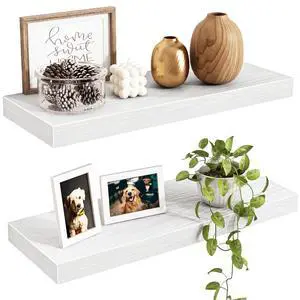 Floating Shelves for Wall, 15.7" Wood Wall Mounted Shelves for Living Room, Bedroom, Bathroom and Kitchen, for Storage, Books, Room Decor (White, Set of 2) Floating Shelves for Wall, 15.7" Wood Wall Mounted Shelves for Living Room, Bedroom, Bathroom and Kitchen, for Storage, Books, Room Decor (White, Set of 2)