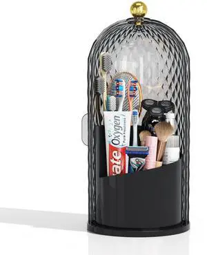 Dustproof Toothbrush Holder with Lid, 360 Rotating Countertop Electric Toothbrush Toothpaste Holders with Cover for Bathroom, 3 Slots Makeup Brush Holder with Lid for Vanity, Black Dustproof Toothbrush Holder with Lid, 360 Rotating Countertop Electric Toothbrush Toothpaste Holders with Cover for Bathroom, 3 Slots Makeup Brush Holder with Lid for Vanity, Black