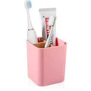 Bamboo Toothbrush Holder for Bathrooms, 3 Slots Toothbrush and Toothpaste Holder Bathroom Counter Organizer for Electric Toothbrushes, Floss, Razors - Pink Bamboo Toothbrush Holder for Bathrooms, 3 Slots Toothbrush and Toothpaste Holder Bathroom Counter Organizer for Electric Toothbrushes, Floss, Razors - Pink