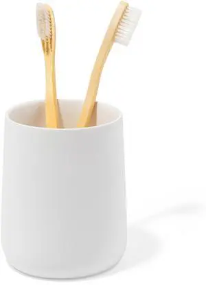 Matte White Toothbrush and Toothpaste Holder and Cup for Bathroom Vanity and Countertop, Round Organizer for Electric Toothbrushes, Floss, Razors, Cotton, and Mouthwash Matte White Toothbrush and Toothpaste Holder and Cup for Bathroom Vanity and Countertop, Round Organizer for Electric Toothbrushes, Floss, Razors, Cotton, and Mouthwash