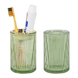 Toothbrush Holders for Bathrooms, 2pcs Glass Toothbrush Holder, 12oz Bathroom Tumbler and Mouthwash Cup, Tooth Brush and Toothpaste Organizer for Bathroom Vanity Countertop (Green Gold) Toothbrush Holders for Bathrooms, 2pcs Glass Toothbrush Holder, 12oz Bathroom Tumbler and Mouthwash Cup, Tooth Brush and Toothpaste Organizer for Bathroom Vanity Countertop (Green Gold)