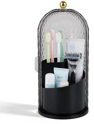 Toothbrush Holder with Cover for Bathroom Countertop, Rotating Organizer for Electric Tooth Brush and Toothpaste, 3-Slot Makeup Brush Storage, Self-Draining Vanity Counter Organizer, Black Toothbrush Holder with Cover for Bathroom Countertop, Rotating Organizer for Electric Tooth Brush and Toothpaste, 3-Slot Makeup Brush Storage, Self-Draining Vanity Counter Organizer, Black