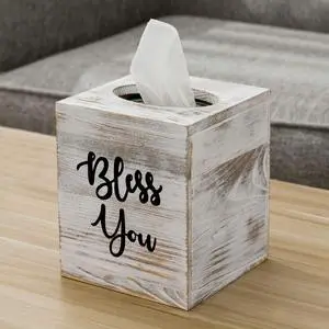 White Washed Solid Wood Square Tissue Box Cover Holder Decorative Tissue Dispenser Bath Decor with Bless You Design and Easy Refill Slide Out Bottom White Washed Solid Wood Square Tissue Box Cover Holder Decorative Tissue Dispenser Bath Decor with Bless You Design and Easy Refill Slide Out Bottom