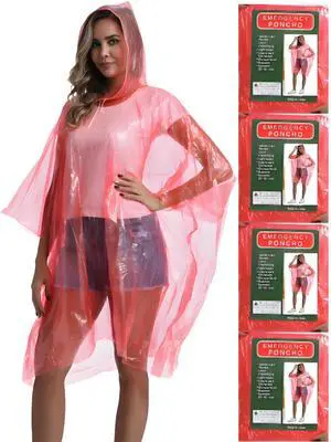 4 Pack Disposable Rain Ponchos for Adults - Emergency Rain Poncho for Camping Hiking Travelling Red 4 Pack Disposable Rain Ponchos for Adults - Emergency Rain Poncho for Camping Hiking Travelling Red