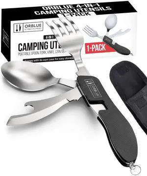 4-in-1 Camping Utensils, 1-Pack, Portable Stainless Steel Spoon, Fork, Knife & Bottle Opener Combo Set - Travel, Backpacking Cutlery Multitool, Black 4-in-1 Camping Utensils, 1-Pack, Portable Stainless Steel Spoon, Fork, Knife & Bottle Opener Combo Set - Travel, Backpacking Cutlery Multitool, Black