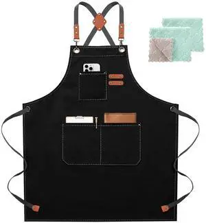 Chef Apron for Women Men with Large Pockets, Cotton Canvas Cross Back Waterproof Work Aprons for Kitchen Cooking Bib (Black) Chef Apron for Women Men with Large Pockets, Cotton Canvas Cross Back Waterproof Work Aprons for Kitchen Cooking Bib (Black)