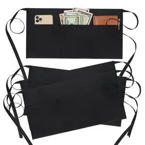 4 Pack Waitress Apron With 3 Pockets-Black Server Aprons-Waiter Short Half Waist Servers Apron 4 Pack Waitress Apron With 3 Pockets-Black Server Aprons-Waiter Short Half Waist Servers Apron