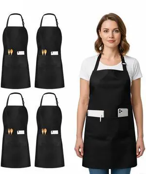 4 Pack Bib Apron, Adjustable with 2 Pockets, Water and Oil Resistant, Kitchen Cooking Unisex Chef Apron for Women Men, Black 4 Pack Bib Apron, Adjustable with 2 Pockets, Water and Oil Resistant, Kitchen Cooking Unisex Chef Apron for Women Men, Black