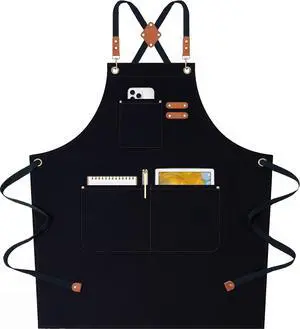 Chef Aprons for Women Men with Oversized Pockets, 12-Ounce Cotton Canvas Cross Back Water Repellent Apron (Black) Chef Aprons for Women Men with Oversized Pockets, 12-Ounce Cotton Canvas Cross Back Water Repellent Apron (Black)