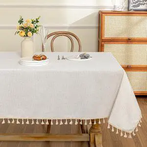 Table Cloth 60x102 in Rectangle, Cotton Tassel Linen Look Waterproof, Wrinkle Free Table Cover with Beige Tassels for Kitchen Dining, Party Table Cloth 60x102 in Rectangle, Cotton Tassel Linen Look Waterproof, Wrinkle Free Table Cover with Beige Tassels for Kitchen Dining, Party
