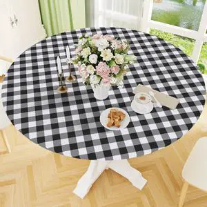Round Picnic Tablecloth, Elastic Waterproof Fitted Vinyl Tablecloths for 36"-44" Tables, Flannel Backed Buffalo Plaid Table Cover for Dining, Camping, Outdoor, Black and White Round Picnic Tablecloth, Elastic Waterproof Fitted Vinyl Tablecloths for 36"-44" Tables, Flannel Backed Buffalo Plaid Table Cover for Dining, Camping, Outdoor, Black and White