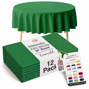 12-Pack Premium Plastic Tablecloth 12-Pack Premium Plastic Tablecloth 84in. Round Table Cover - Emerald Green 12-Pack Premium Plastic Tablecloth 12-Pack Premium Plastic Tablecloth 84in. Round Table Cover - Emerald Green