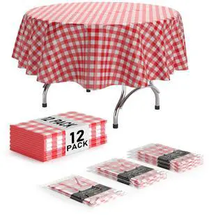 Picnic Table Cover - 12 Pack Premium Round Tablecloth - Red & White Checkered BBQ Plastic Table Cover - Gingham Checkerboard Disposable Plastic Tablecloth 84 inch. Round Picnic Table Cover - 12 Pack Premium Round Tablecloth - Red & White Checkered BBQ Plastic Table Cover - Gingham Checkerboard Disposable Plastic Tablecloth 84 inch. Round