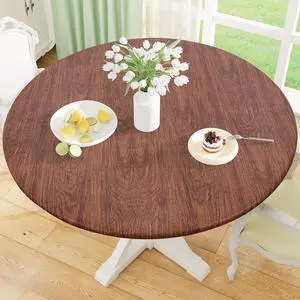 Round Fitted Tablecloth with Elastic Edge, 100% Waterproof Oil Proof Plastic Table Cover, Vinyl Flannel Backed Tablecloth Fits 36"-44" Round Tables for Dinner, Outdoor, Picnic, Oak Wooden Grain Round Fitted Tablecloth with Elastic Edge, 100% Waterproof Oil Proof Plastic Table Cover, Vinyl Flannel Backed Tablecloth Fits 36"-44" Round Tables for Dinner, Outdoor, Picnic, Oak Wooden Grain