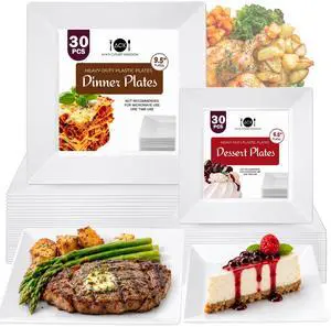 60ct Square Plastic Disposable Plates, White - 9.5-Inch 30 Dinner and 6.5-Inch 30 Salad Plates for Party - Heavy-Duty Hard Plastic Design for Wedding, Event, Christmas, and Thanksgiving 60ct Square Plastic Disposable Plates, White - 9.5-Inch 30 Dinner and 6.5-Inch 30 Salad Plates for Party - Heavy-Duty Hard Plastic Design for Wedding, Event, Christmas, and Thanksgiving