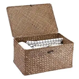 Wicker Shelf Baskets Bin with Lid Large Handwoven Basket Box, Coffee Wicker Shelf Baskets Bin with Lid Large Handwoven Basket Box, Coffee