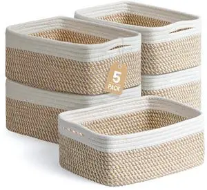5 Pack Small Woven Storage Baskets for Shelves, Cotton Rope Baskets Organizer for Bathroom, Closet & Nursery, Decorative Storage Bins for Organizing Socks, Toys, 11.8"x7.9"x4.7", Khaki/White 5 Pack Small Woven Storage Baskets for Shelves, Cotton Rope Baskets Organizer for Bathroom, Closet & Nursery, Decorative Storage Bins for Organizing Socks, Toys, 11.8"x7.9"x4.7", Khaki/White