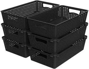 Stackable Plastic Woven Basket Organizer, 6 Pack, Black Stackable Plastic Woven Basket Organizer, 6 Pack, Black