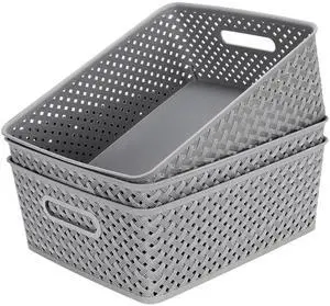 3 Pack Plastic Storage Baskets, Large, Grey 3 Pack Plastic Storage Baskets, Large, Grey