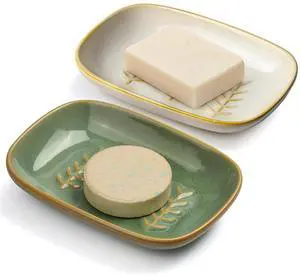 2 Pack Ceramic Soap Dish for Cleaner Shower, Decorative Soap Holder for Bar Square Shampoo or Sponge, Cute Shower Soap Dish Soap Saver Tray Container for Bathroom Kitchen Sink, Easy to Clean 2 Pack Ceramic Soap Dish for Cleaner Shower, Decorative Soap Holder for Bar Square Shampoo or Sponge, Cute Shower Soap Dish Soap Saver Tray Container for Bathroom Kitchen Sink, Easy to Clean