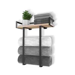 Towel Racks for Bathroom Wall Mounted, Metal Towel Holder with Wooden Shelf for Folding Large Towels, Towel Storage for Small Bathroom Organizer Decor or RV Camping Towel Racks for Bathroom Wall Mounted, Metal Towel Holder with Wooden Shelf for Folding Large Towels, Towel Storage for Small Bathroom Organizer Decor or RV Camping