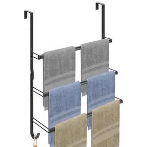 3-Tier Over The Door Towel Rack, All Metal Towel Rack with Hooks for Door Hanging, Behind Door Towel Bar Towel Storage Holder for Bathroom Accessories, Black (19.37" L x 5.9" W x 24.4" H) 3-Tier Over The Door Towel Rack, All Metal Towel Rack with Hooks for Door Hanging, Behind Door Towel Bar Towel Storage Holder for Bathroom Accessories, Black (19.37" L x 5.9" W x 24.4" H)
