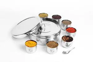 Stainless Steel Spice Box with 7 Compartments, 2 Lids, and Silver Mirror Polish | Masala Dabba with Individual Containers for Authentic Spices Durable and Stylish 16CM Masala Organizer Stainless Steel Spice Box with 7 Compartments, 2 Lids, and Silver Mirror Polish | Masala Dabba with Individual Containers for Authentic Spices Durable and Stylish 16CM Masala Organizer