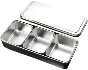 Stainless Steel 3-Compartment Seasoning Box with Lid, Rectangular Condiment Organizer for Spices, Toppings, 13x5.5x2.5 Inch Stainless Steel 3-Compartment Seasoning Box with Lid, Rectangular Condiment Organizer for Spices, Toppings, 13x5.5x2.5 Inch
