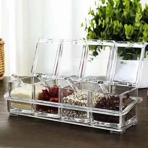 Clear Seasoning Box,4 Spice Jars Condiment Containers with Lids and 4Pcs Spoons 1Pcs Tray Seasoning Organizer for Salt, Sugar,Cardamon, Cinnamon,Cloves,Mustard,Nutmeg,Pepper and Tumeric Clear Seasoning Box,4 Spice Jars Condiment Containers with Lids and 4Pcs Spoons 1Pcs Tray Seasoning Organizer for Salt, Sugar,Cardamon, Cinnamon,Cloves,Mustard,Nutmeg,Pepper and Tumeric