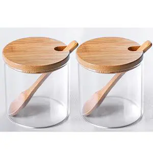 Glass Condiment Canister Pots Set, Salt Sugar Spice Storage, 10oz, 2 PCS Glass Condiment Canister Pots Set, Salt Sugar Spice Storage, 10oz, 2 PCS