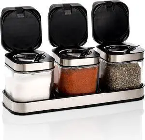 3 Pack Glass Seasoning Box with Tray, Clear Condiment Canister with 18/10 Stainless Steel Lid and Spoon, Kitchen Spice Pot with Base, Salt Pepper Sugar Storage Container Jar Cruet for Desk 3 Pack Glass Seasoning Box with Tray, Clear Condiment Canister with 18/10 Stainless Steel Lid and Spoon, Kitchen Spice Pot with Base, Salt Pepper Sugar Storage Container Jar Cruet for Desk