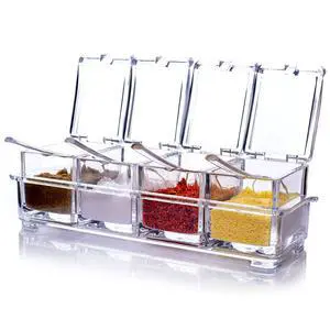 Clear Seasoning Rack Spice Pots - 4 Piece Acrylic Seasoning Box - Storage Container Condiment Jars - Cruet with Cover and Spoon Clear Seasoning Rack Spice Pots - 4 Piece Acrylic Seasoning Box - Storage Container Condiment Jars - Cruet with Cover and Spoon