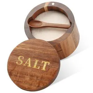 Salt Cellar, Acacia Wood Salt Container with Built-in Spoon & Swivel Lid, Engraved SALT Box, Salt Holder Bowl for Countertop Seasoning Storage Salt Cellar, Acacia Wood Salt Container with Built-in Spoon & Swivel Lid, Engraved SALT Box, Salt Holder Bowl for Countertop Seasoning Storage
