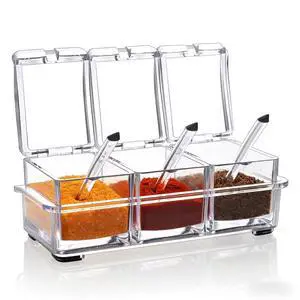 Clear Seasoning Box, 3 Pieces Seasoning Rack Spice Pots Storage Container for Spice Salt Sugar Cruet Liquid,Condiment Jars with 3 Spoons Clear Seasoning Box, 3 Pieces Seasoning Rack Spice Pots Storage Container for Spice Salt Sugar Cruet Liquid,Condiment Jars with 3 Spoons