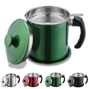 Bacon Grease Container With Strainer, 48 oz Metal Shining Green Coating Oil Container, Pot Fat Storage With Lid, Easy Grip Handle Suitable For Storing Frying Oil And Cooking Grease Bacon Grease Container With Strainer, 48 oz Metal Shining Green Coating Oil Container, Pot Fat Storage With Lid, Easy Grip Handle Suitable For Storing Frying Oil And Cooking Grease