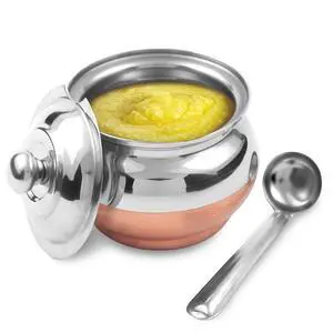 Copper Coated Stainless Steel Ghee Pot with Spoon | Ghee Container for Kitchen | Premium Oil Container with Lid for Pooja Items, 200 ML Copper Coated Stainless Steel Ghee Pot with Spoon | Ghee Container for Kitchen | Premium Oil Container with Lid for Pooja Items, 200 ML