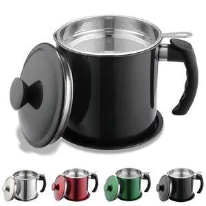 Black Bacon Grease Container With Strainer, 48 oz Black Coating Stainless Steel Oil Container, Pot Fat Storage With Lid, Easy Grip Handle Suitable For Storing Frying Oil And Cooking Grease Black Bacon Grease Container With Strainer, 48 oz Black Coating Stainless Steel Oil Container, Pot Fat Storage With Lid, Easy Grip Handle Suitable For Storing Frying Oil And Cooking Grease