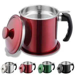 Bacon Grease Container With Strainer, 48 oz Metal Shining Red Stainless Steel Oil Container, Pot Fat Storage With Lid, Easy Grip Handle Suitable For Storing Frying Oil And Cooking Grease Bacon Grease Container With Strainer, 48 oz Metal Shining Red Stainless Steel Oil Container, Pot Fat Storage With Lid, Easy Grip Handle Suitable For Storing Frying Oil And Cooking Grease