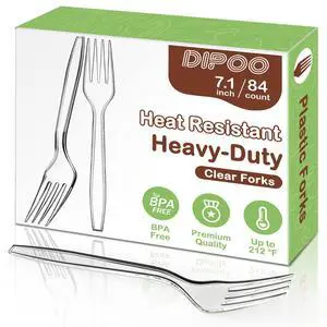 7.1" Clear Plastic Forks Heavy Duty with Heat Resistant & BPA Free, Solid and Durable Plastic Cutlery, Premium Disposable Forks for Party Supply(84 Count) 7.1" Clear Plastic Forks Heavy Duty with Heat Resistant & BPA Free, Solid and Durable Plastic Cutlery, Premium Disposable Forks for Party Supply(84 Count)