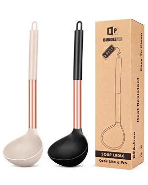 Silicone Ladle Spoon Kitchen Utensils, 2 Pack, Rose Gold Black-Khaki Silicone Ladle Spoon Kitchen Utensils, 2 Pack, Rose Gold Black-Khaki