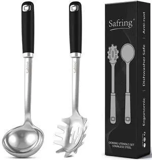 Stainless Steel Soup Ladle and Spaghetti Spoon Set, Heat Resistant Rubber Handle, Dishwasher Safe, Kitchen Utensils for Cooking, Stirring, Serving Pasta, Soup & Sauce Stainless Steel Soup Ladle and Spaghetti Spoon Set, Heat Resistant Rubber Handle, Dishwasher Safe, Kitchen Utensils for Cooking, Stirring, Serving Pasta, Soup & Sauce