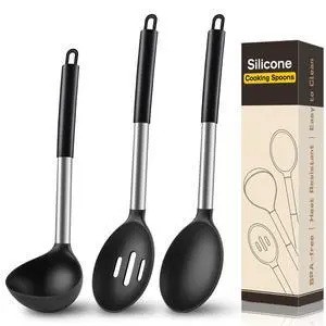 3 Pcs Silicone Cooking Spoon Set, Kitchen Utensils Include Solid & Slotted Spoon, Soup Ladle, Food-Grade Heat Resistant, Non-Scratch Spoons for Serving, Stirring, Draining, Dishwasher Safe, Black 3 Pcs Silicone Cooking Spoon Set, Kitchen Utensils Include Solid & Slotted Spoon, Soup Ladle, Food-Grade Heat Resistant, Non-Scratch Spoons for Serving, Stirring, Draining, Dishwasher Safe, Black