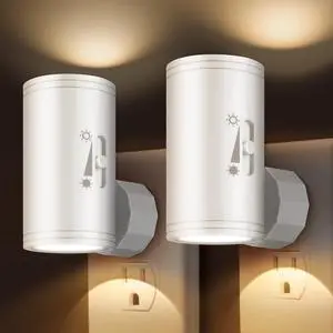 LED Plug-in Wall Night Light with Dimmable 0-300 Lumens, 3000K Soft White, Auto On/Off Light Sensor & Adjustable Head for Hallway, Stairs, Bedroom,2 Pack LED Plug-in Wall Night Light with Dimmable 0-300 Lumens, 3000K Soft White, Auto On/Off Light Sensor & Adjustable Head for Hallway, Stairs, Bedroom,2 Pack