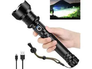 Rechargeable 990000 High Lumens LED Flashlights, XHP90.2 Super Bright Flashlight with Zoomable & 5 Modes & IPX7 Waterproof for Camping Rechargeable 990000 High Lumens LED Flashlights, XHP90.2 Super Bright Flashlight with Zoomable & 5 Modes & IPX7 Waterproof for Camping