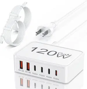USB C Charger Block 120W GaN 6-Port Charging Station 5FT Cord Type C Charger Fast Charging for iPhone 17/16/15/14 iPad Galaxy Pixel etc USB C Charger Block 120W GaN 6-Port Charging Station 5FT Cord Type C Charger Fast Charging for iPhone 17/16/15/14 iPad Galaxy Pixel etc