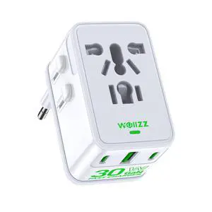 Travel Adapter, 30W GaN Fast Charging European Plug Adapter Worldwide Universal Charger with 4 Ports 1 AC, 1 USB-A, and 2 USB-C Ports Plug Adapter for USA European UK AUS Japan, White Travel Adapter, 30W GaN Fast Charging European Plug Adapter Worldwide Universal Charger with 4 Ports 1 AC, 1 USB-A, and 2 USB-C Ports Plug Adapter for USA European UK AUS Japan, White