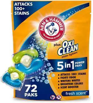 ARM & HAMMER Plus OxiClean Stain Fighters: 5-in-1 Laundry Detergent Power Paks, Fresh Scent, 72 Count ARM & HAMMER Plus OxiClean Stain Fighters: 5-in-1 Laundry Detergent Power Paks, Fresh Scent, 72 Count