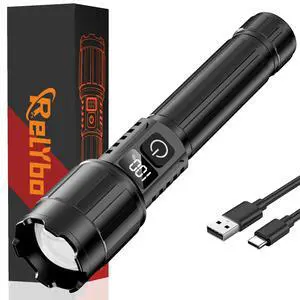 Relybo LED Flashlight Rechargeable 20000 High Lumens, Long Range & 12H Runtime | Super Bright Flashlights USB C, Stepless Dimming with LCD Display High Powerd Flash Light for Home Camping Emergency Relybo LED Flashlight Rechargeable 20000 High Lumens, Long Range & 12H Runtime | Super Bright Flashlights USB C, Stepless Dimming with LCD Display High Powerd Flash Light for Home Camping Emergency