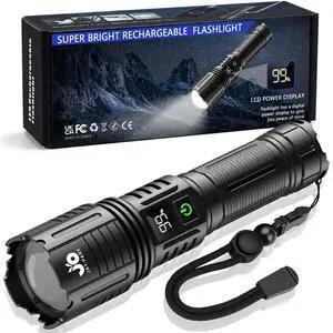 JAY-PARK Rechargeable Flashlights 100000 Lumen, LED Flashlight with Digital Power Display and Zoomable, Flashlights High Lumen Super Bright Long Distance for Camping, bushcraft, Outdoor JAY-PARK Rechargeable Flashlights 100000 Lumen, LED Flashlight with Digital Power Display and Zoomable, Flashlights High Lumen Super Bright Long Distance for Camping, bushcraft, Outdoor