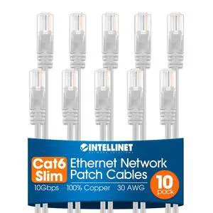 Slim Cat6 Ethernet Network Patch Cable 10-Pack - 10Gbps & 250MHz, Snagless Boot, 30AWG Pure Bare Copper Wire, Gold-Plated Contacts, Lifetime Mfg Warranty - 1ft, 10 Pack, White Slim Cat6 Ethernet Network Patch Cable 10-Pack - 10Gbps & 250MHz, Snagless Boot, 30AWG Pure Bare Copper Wire, Gold-Plated Contacts, Lifetime Mfg Warranty - 1ft, 10 Pack, White